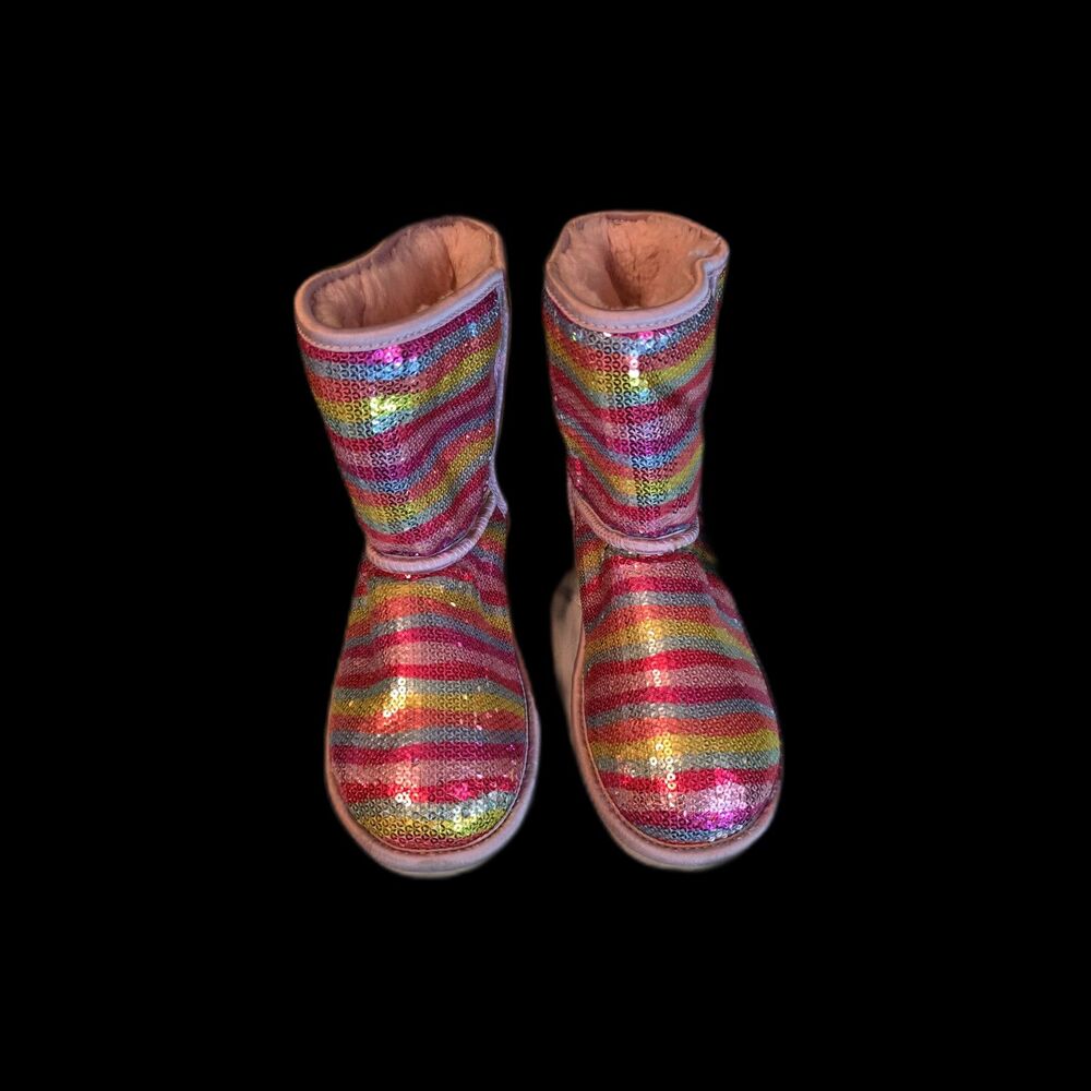 UGG Classic Short II Mural boots featuring a colorful striped sequin design.